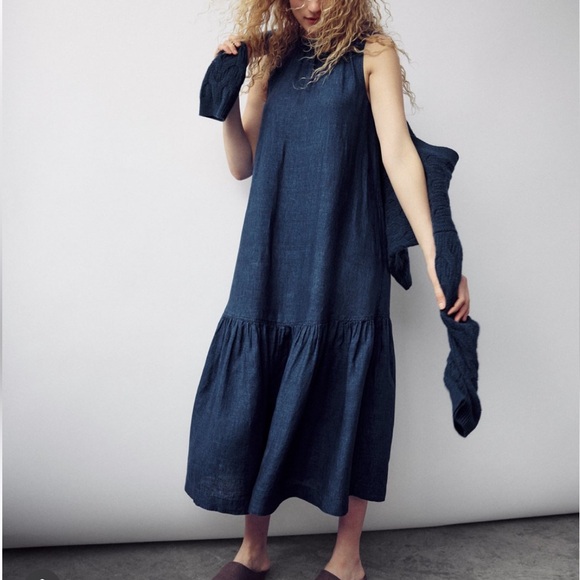 NWT Haven Well Within Indigo Linen Tiered Midi Dress. Coastal lagenlook L16 - Picture 5 of 12